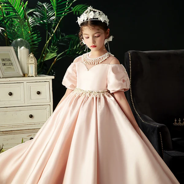 Chic / Beautiful Blushing Pink Pearl Tassel Rhinestone Birthday Flower Girl Dresses 2022 Satin Ball Gown Scoop Neck Short Sleeve Floor-Length / Long Flower Girl Dresses