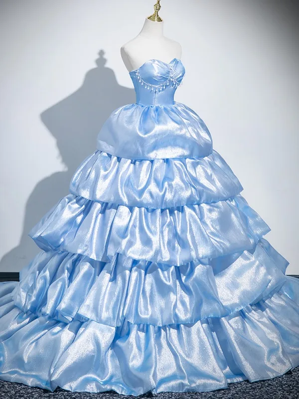 Fashion Sky Blue Pearl Rhinestone Prom Dresses 2025 Ball Gown Strapless Sleeveless Backless Court Train Satin Prom Formal Dresses