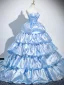 Fashion Sky Blue Pearl Rhinestone Prom Dresses 2025 Ball Gown Strapless Sleeveless Backless Court Train Satin Prom Formal Dresses