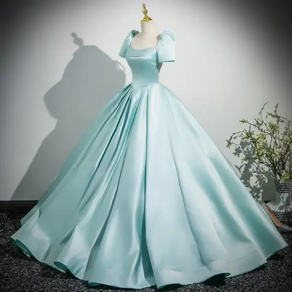 Chic Vert Citron Satin Robe De Bal 2025 Robe Boule Encolure Carrée Manches Courtes Dos Nu Noeud Longue Promo Robe De Ceremonie