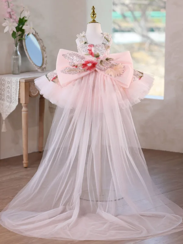 Dazzling Blushing Pink Beading Appliques Sequins Birthday Short Flower Girl Dresses 2026 Ball Gown Square Neckline Sleeveless Backless Bow