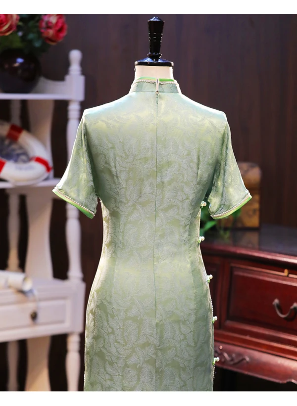 Chinese style Sage Green Pearl Printing Silk Prom Cheongsam 2024 Trumpet / Mermaid High Neck Short Sleeve Tea-length
