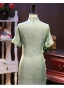 Chinese style Sage Green Pearl Printing Silk Prom Cheongsam 2024 Trumpet / Mermaid High Neck Short Sleeve Tea-length