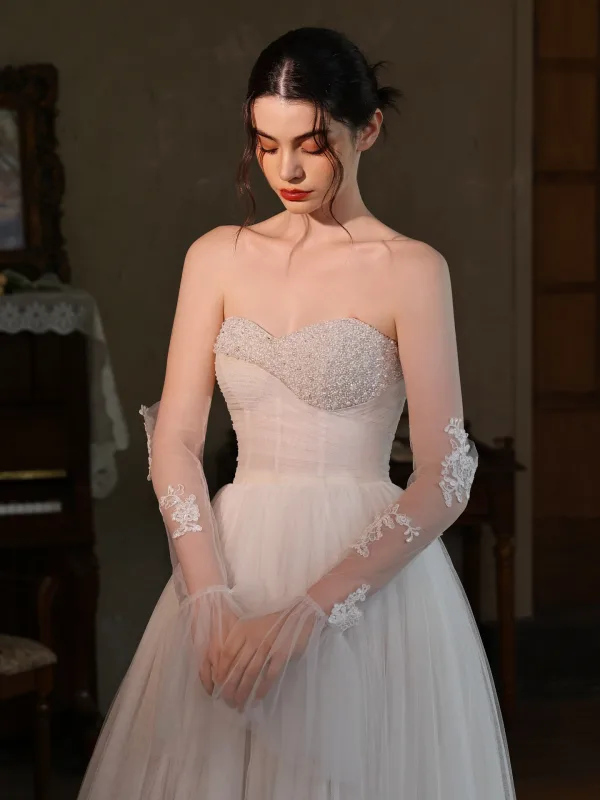 Chic / Beautiful White Lace Flower Wedding Bridal Gloves 2026 Tulle