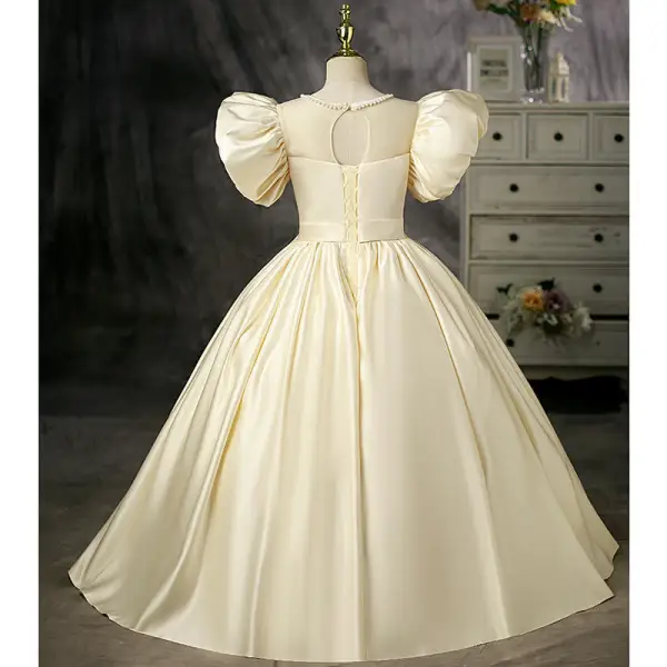 Elegant Champagne Satin Birthday Flower Girl Dresses 2022 Ball Gown Pearl Scoop Neck Puffy Short Sleeve Bow Backless Floor-Length / Long Flower Girl Dresses