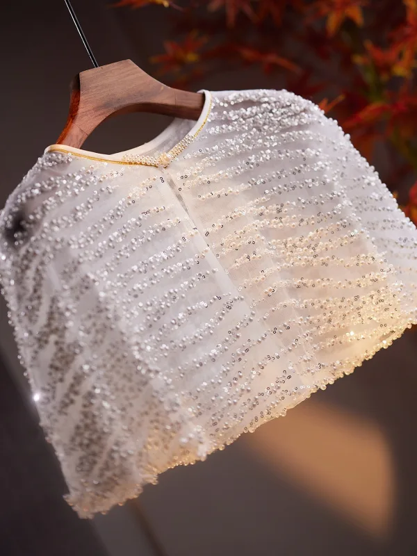 Elegant Hvit Håndlaget Beading Perle Paljetter Ball sjal 2025