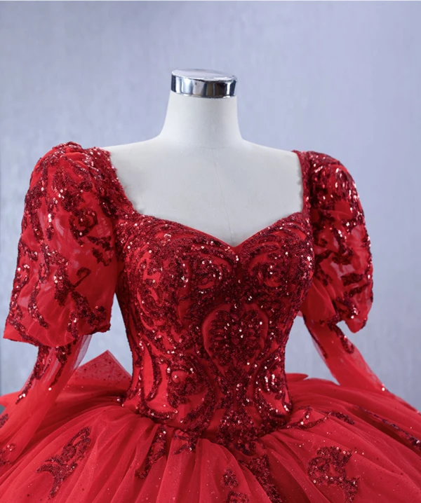 Luxury / Gorgeous Red Handmade  Beading Sequins Lace Flower Prom Dresses 2024 Ball Gown Square Neckline Long Sleeve Backless Chapel Train Prom Formal Dresses