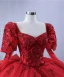 Luxury / Gorgeous Red Handmade  Beading Sequins Lace Flower Prom Dresses 2024 Ball Gown Square Neckline Long Sleeve Backless Chapel Train Prom Formal Dresses