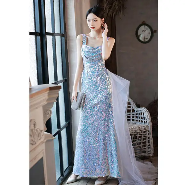 Scintillantes Bleu Ciel Multi-Couleurs Paillettes Robe De Soirée 2022 Trompette / Sirène Encolure Carrée Sans Manches Dos Nu Train De Balayage Soirée Robe De Ceremonie