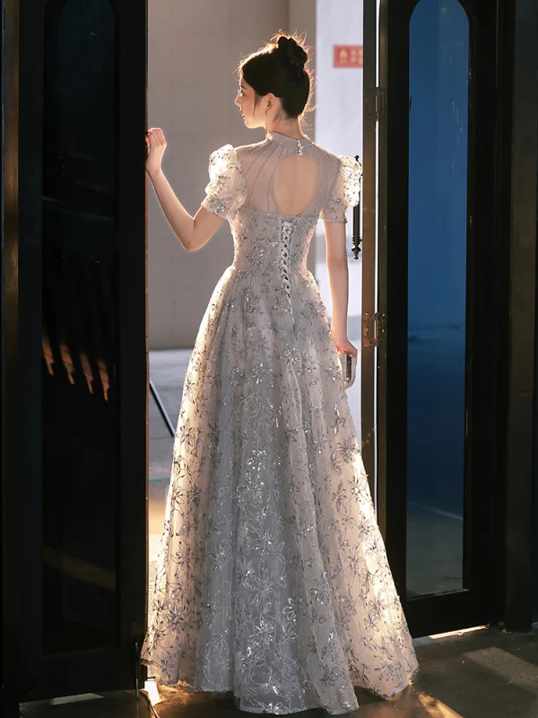 Elegant Grey Beading Sequins Prom Dresses 2024 Backless A-Line Princess High Neck Short