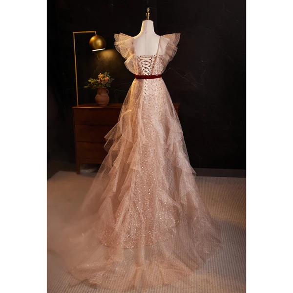 Charmant Rougissant Rose Perlage Paillettes Robe De Soirée 2024 Trompette / Sirène Bustier Sans Manches Dos Nu Noeud Ceinture Longue Promo Robe De Ceremonie
