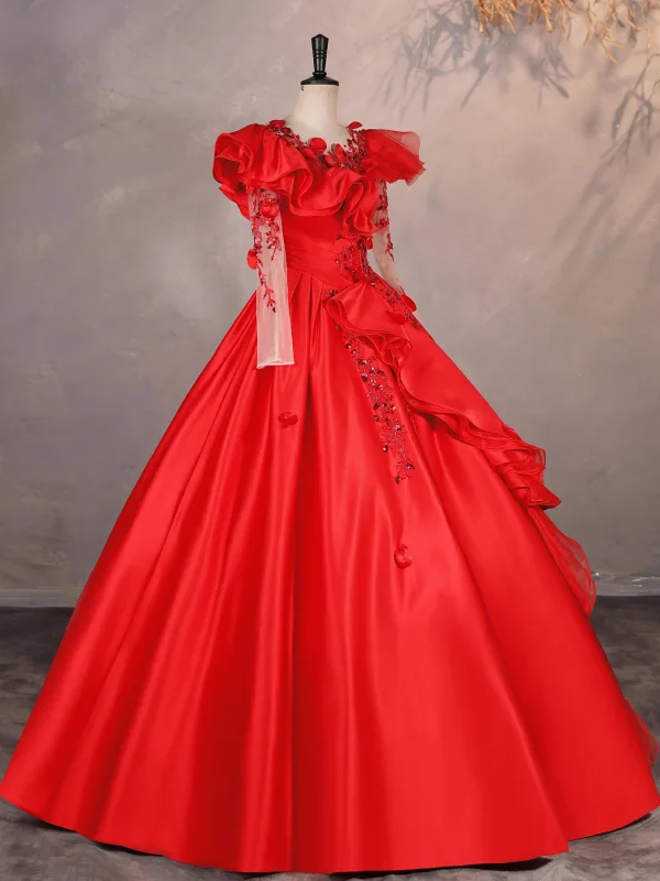 Vintage / Retro Red Beading Sequins Lace Flower Appliques Prom Dresses 2025 Ball Gown Scoop Neck Long Sleeve Backless Floor-Length / Long Formal Dresses
