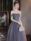 Charming Grey Beading Prom Dresses 2024 A-Line / Princess Off-The-Shoulder Sleeveless Backless Floor-Length / Long Prom Formal Dresses
