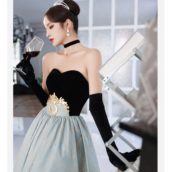 Vintage Schwarz Wildleder Ballkleider 2022 A Linie Bandeau Lange Ärmel Lange Festliche Kleider