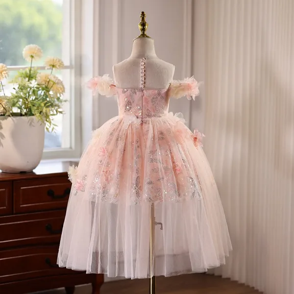 Flower Fairy Blushing Pink Appliques Sequins Birthday Tea-length Flower Girl Dresses 2025 Ball Gown Scoop Neck Short Sleeve