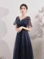 Vintage / Retro Navy Blue Beading Star Sequins Prom Dresses 2024 A-Line / Princess V-Neck Short Sleeve Backless Floor-Length / Long Prom Formal Dresses