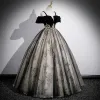 Vintage / Retro Black Glitter Sequins Prom Dresses 2023 Ball Gown Spaghetti Straps Short Sleeve Backless Floor-Length / Long Prom Formal Dresses