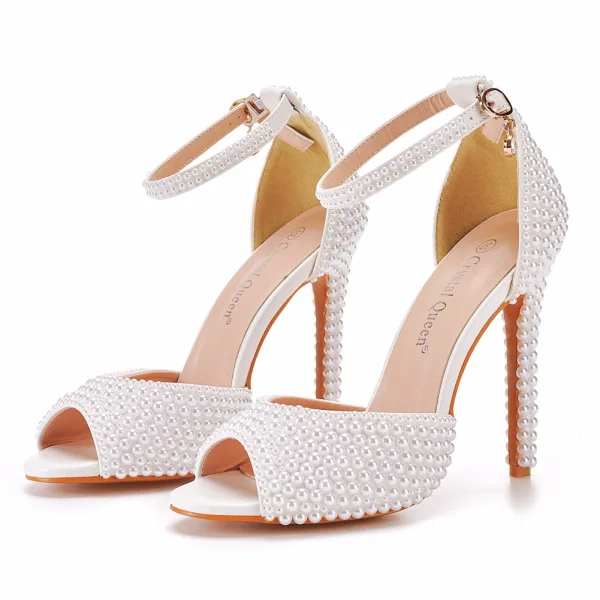 Chic / Beautiful White Pearl Wedding Shoes 2022 11 cm Stiletto Heels Ankle Strap Open / Peep Toe Wedding Sandals High Heels