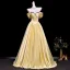 Vintage / Retro Yellow Rhinestone Prom Dresses 2026 Ball Gown Off-The-Shoulder Short Sleeve Backless Floor-Length / Long Formal Dresses
