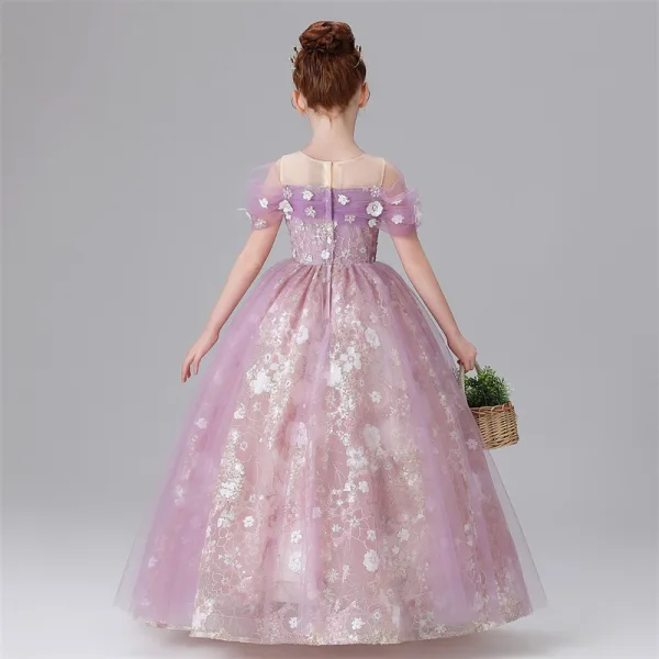 Chic / Beautiful Lavender Pearl Sequins Lace Flower Birthday Flower Girl Dresses 2025 Ball Gown Scoop Neck Short Sleeve Floor-Length / Long