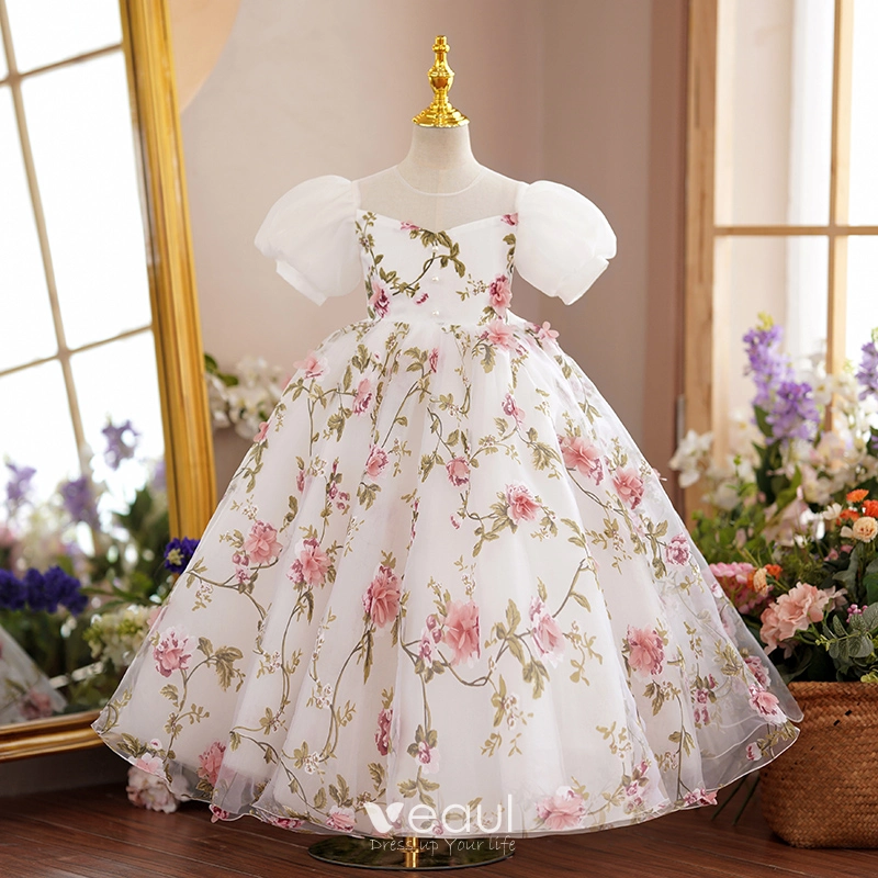 Chic / Beautiful White Birthday Floral Flower Girl Dresses 2022 A-Line /  Princess Scoop Neck Puffy Short Sleeve Backless Bow Pearl Floor-Length /  Long Flower Girl Dresses