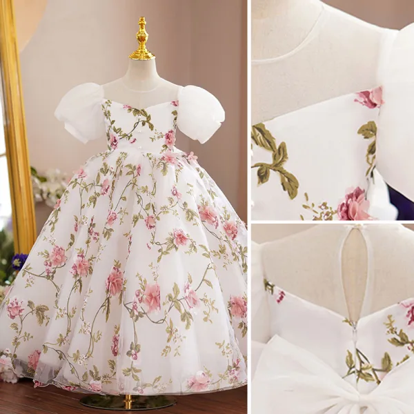 Chic / Beautiful White Birthday Floral Flower Girl Dresses 2022 A-Line / Princess Scoop Neck Puffy Short Sleeve Backless Bow Pearl Floor-Length / Long Flower Girl Dresses