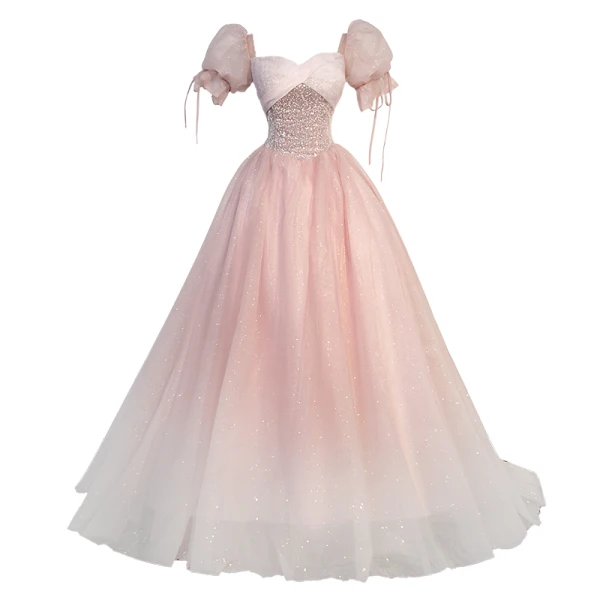 Charmant Rougissant Rose Perlage Paillettes Robe De Bal 2023 Robe Boule Encolure Carrée Manches Courtes Dos Nu Longue Promo Robe De Ceremonie