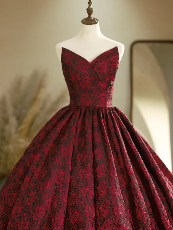 Schöne Burgunderrot Rose Drucken Ballkleider 2024 Ballkleid Bandeau Ärmellos Rückenfreies Lange Ball Festliche Kleider