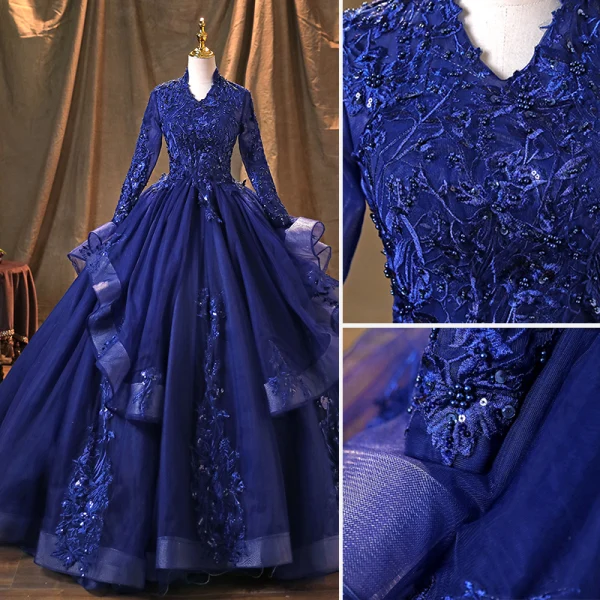 Vintage / Retro Navy Blue Pearl Sequins Lace Flower Prom Dresses 2022 Ball Gown High Neck Cascading Ruffles Long Sleeve Backless Beading Floor-Length / Long