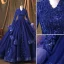 Vintage / Retro Navy Blue Pearl Sequins Lace Flower Prom Dresses 2022 Ball Gown High Neck Cascading Ruffles Long Sleeve Backless Beading Floor-Length / Long