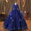 Vintage / Retro Navy Blue Pearl Sequins Lace Flower Prom Dresses 2022 Ball Gown High Neck Cascading Ruffles Long Sleeve Backless Beading Floor-Length / Long