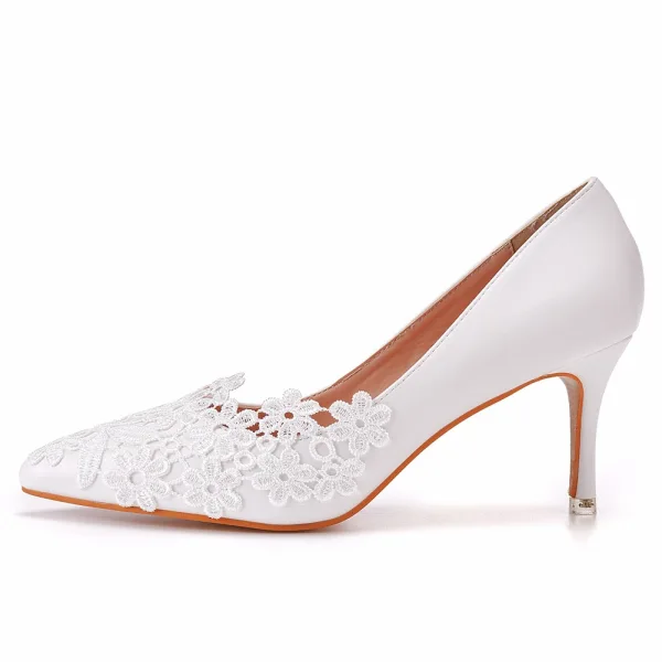 Elegant White Lace Flower Wedding Shoes 2023 7 cm Stiletto Heels Pointed Toe Wedding Pumps High Heels Wedding Shoes