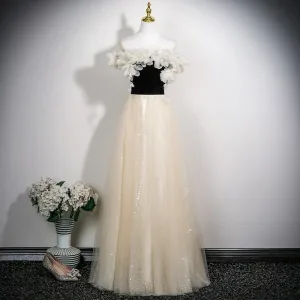 Chic Belle Champagne Appliques Robe De Bal 2025 Princesse De L Épaule Manches Courtes Dos Nu Longue Robe De Ceremonie