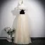 Chic / Beautiful Champagne Appliques Prom Dresses 2025 A-Line / Princess Off-The-Shoulder Short Sleeve Backless Floor-Length / Long Formal Dresses