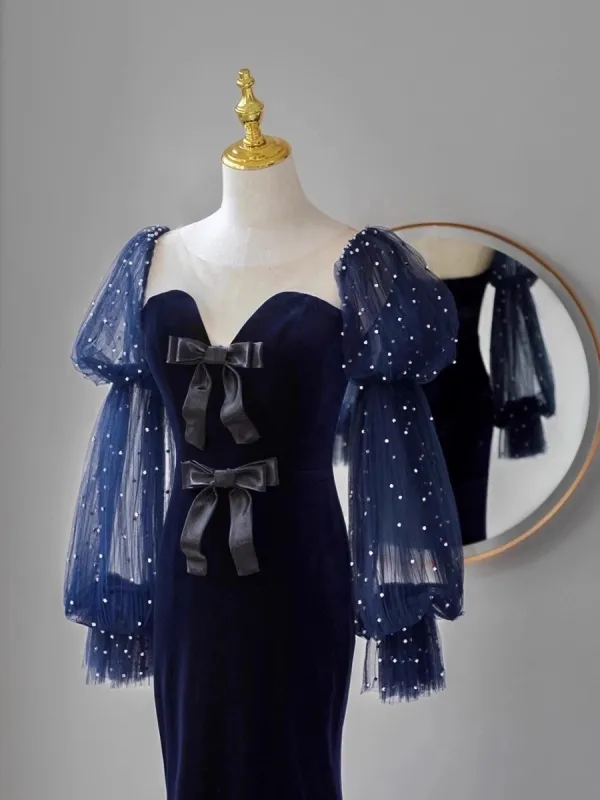 Mode Bleu Marine Paillettes Velours Robe De Soirée 2023 Trompette / Sirène Encolure Carrée Noeud Manches Longues Dos Nu Train De Balayage Soirée Robe De Ceremonie