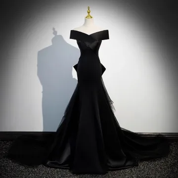 Chic Beautiful Black Satin Evening Dresses 2023 Trumpet Mermaid Off The Shoulder Short Sleeve Backless Bow Sweep Train Evening Party Formal Dresses
