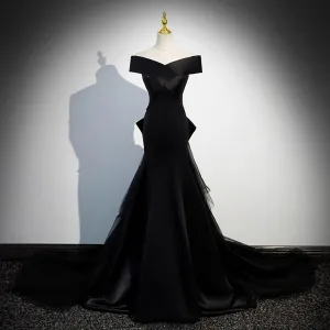 Chic Beautiful Black Satin Evening Dresses 2023 Trumpet Mermaid Off The Shoulder Short Sleeve Backless Bow Sweep Train Evening Party Formal Dresses