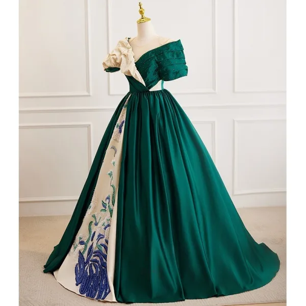 Vintage / Retro Dark Green Beading Lace Flower Prom Dresses 2025 Ball Gown Scoop Neck Short Sleeve Backless Floor-Length / Long Formal Dresses