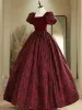 Elegant Burgundy Rose Printing Satin Prom Dresses 2024 Ball Gown Square Neckline Puffy Short Sleeve Backless Floor-Length / Long Prom Formal Dresses