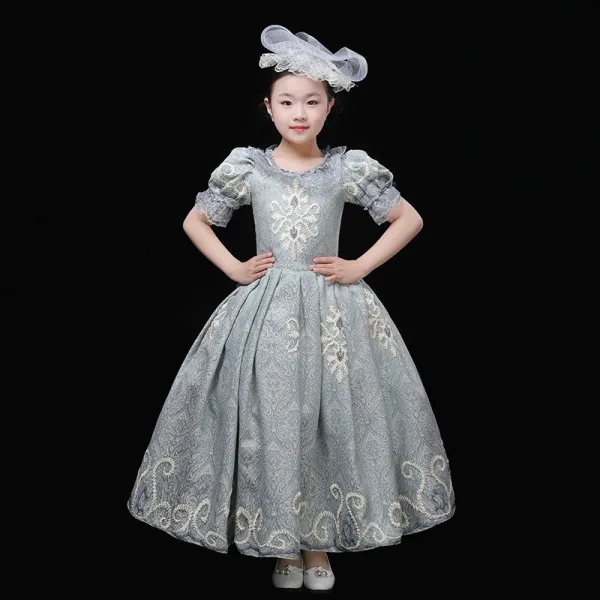 Vintage / Retro Medieval Pool Blue Flower Girl Dresses 2024 3D Lace Floral Printing Scoop Neck Short Sleeve Cosplay Prom Ball Gown Wedding Party Dresses