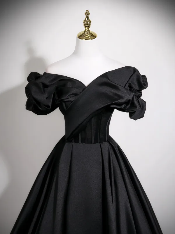 Vintage / Retro Black Prom Dresses 2025 Ball Gown Off-The-Shoulder Short Sleeve Backless Floor-Length / Long Formal Dresses