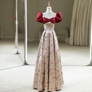 Elegant Burgundy Printing Satin Prom Dresses 2023 A Line Princess Square Neckline Bow Puffy Short Sleeve Backless Floor Length Long Formal Dresses