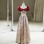 Elegant Burgundy Printing Satin Prom Dresses 2023 A-Line / Princess Square Neckline Bow Puffy Short Sleeve Backless Floor-Length / Long Formal Dresses