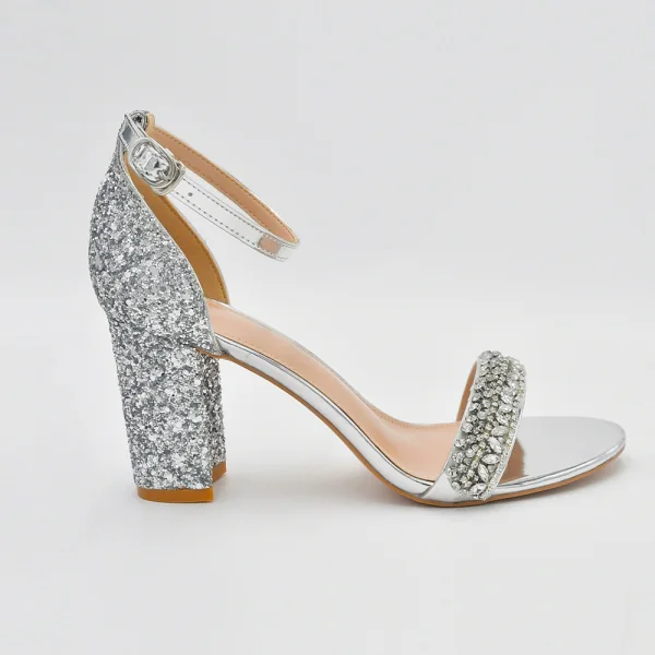 Seksowne Błyszczące Srebrny Rhinestone Cekiny Buty Ślubne 2023 8 cm Grubym Obcasie Z Paskiem Peep Toe Ślub Sandały Wysokie Obcasy