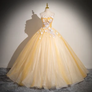 Élégant Doré Perlage Perle Paillettes En Dentelle Papillon Fleur Appliques Robe De Bal 2024 Robe Boule Bustier Sans Manches Dos Nu Longue