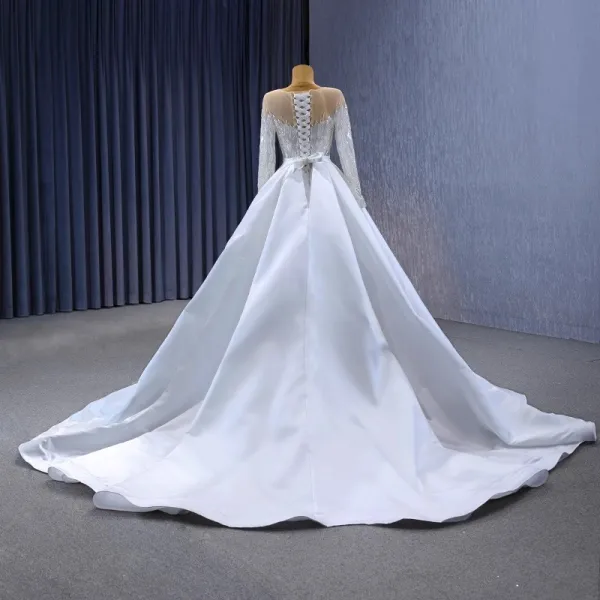 High-end White Handmade  Beading Sequins Wedding Dresses 2023 Trumpet / Mermaid Scoop Neck Long Sleeve Court Train Wedding