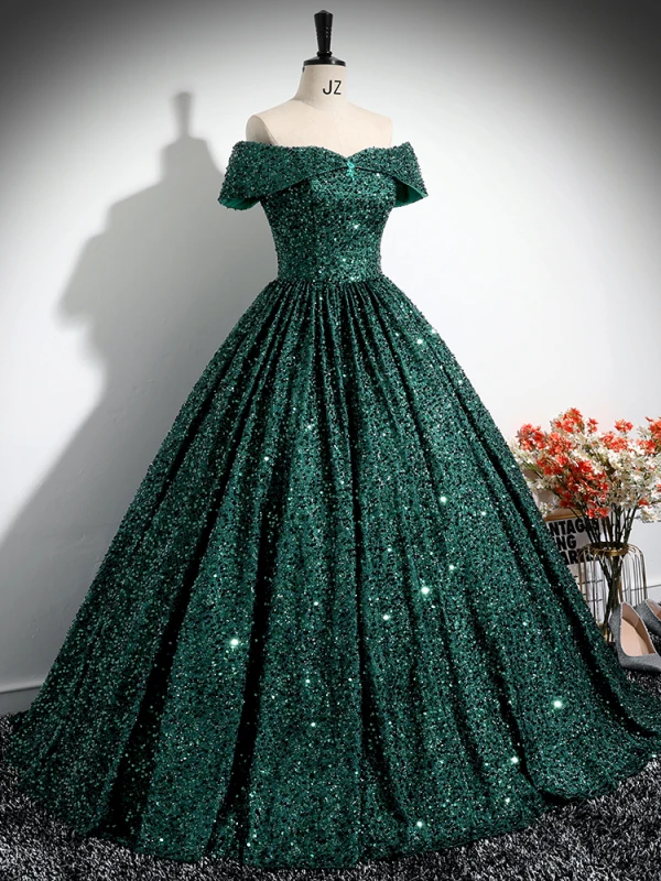 Vintage / Retro Dark Green Beading Sequins Prom Dresses 2024 Ball Gown Off-The-Shoulder Sleeveless Backless Floor-Length / Long Prom Formal Dresses