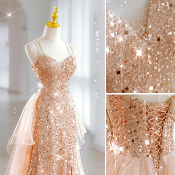 Glitzernden Sexy Champagner Perlenstickerei Pailletten Abendkleider 2023 Meerjungfrau Spaghettiträger Ärmellos Rückenfreies Sweep / Pinsel Zug Abend Festliche Kleider