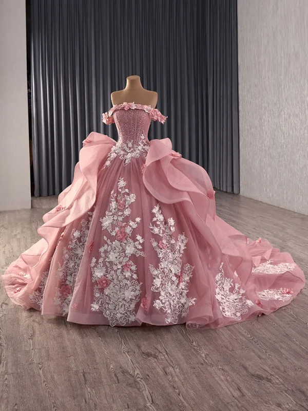 High-end Blushing Pink Handmade  Beading Pearl Rhinestone Lace Flower Appliques Prom Dresses 2025 Ball Gown Off-The-Shoulder Short Sleeve Backless