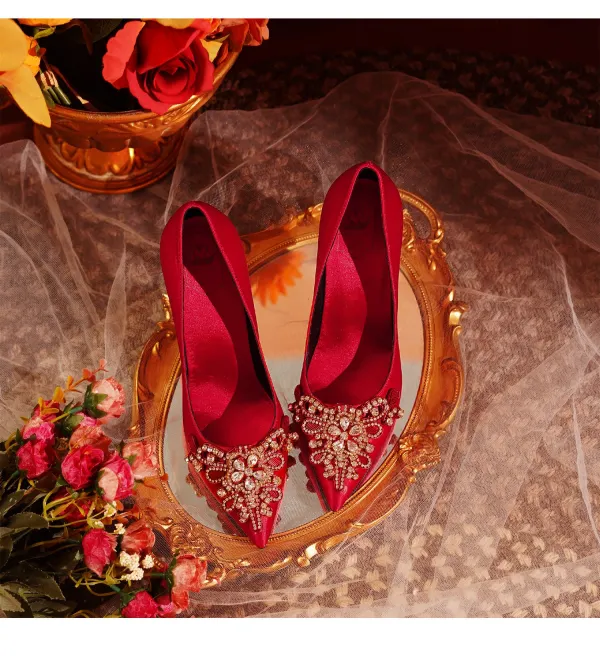 Chinese style Burgundy Satin Rhinestone Pointed Toe Wedding Shoes 2026 8 cm Stiletto Heels Wedding Pumps